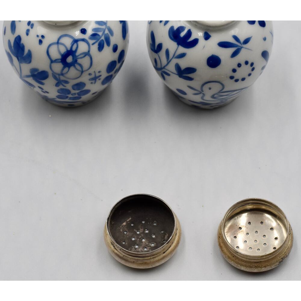 Rare Meissen Blue Porcelain Salt & Pepper Hand Painted Sterling Silver Lids - Picture 12 of 13